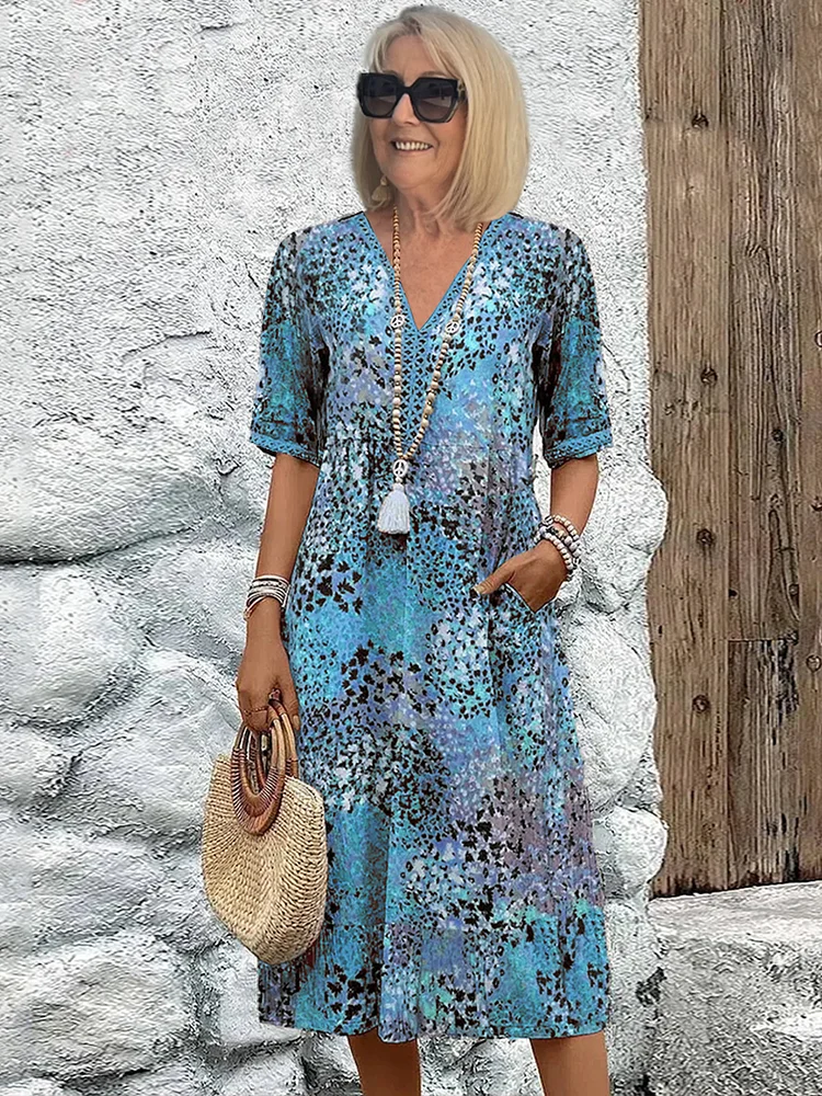 Elegancka Sukienka Midi dla Kobiet Dzianina, V-Dekolt