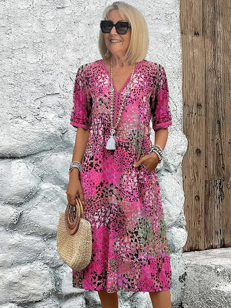 Elegancka Sukienka Midi dla Kobiet Dzianina, V-Dekolt