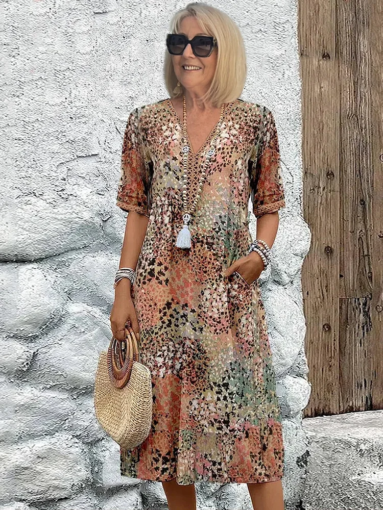 Elegancka Sukienka Midi dla Kobiet Dzianina, V-Dekolt