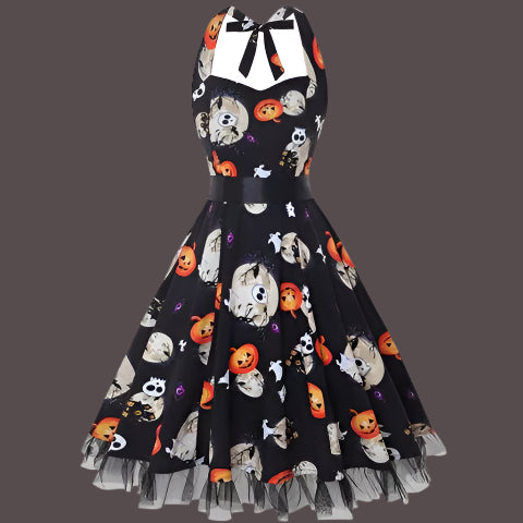 Jasmin Vintage Midi Sukienka na Halloween | Dekolt na Szyi, Pajęczyny i Czaszki 1