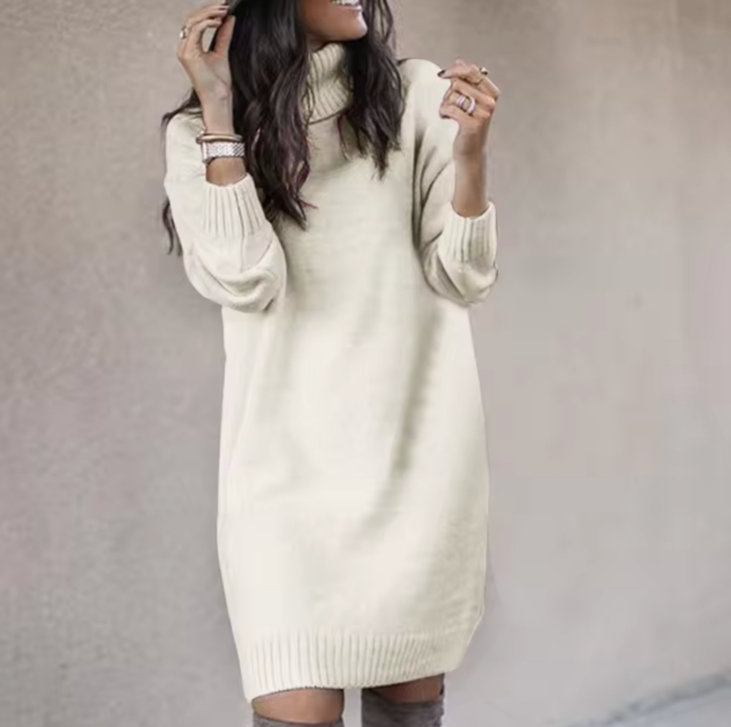 Maja Kobiece Sukienka Pullover | Wysoki Kołnierz, Długi Rękaw 2