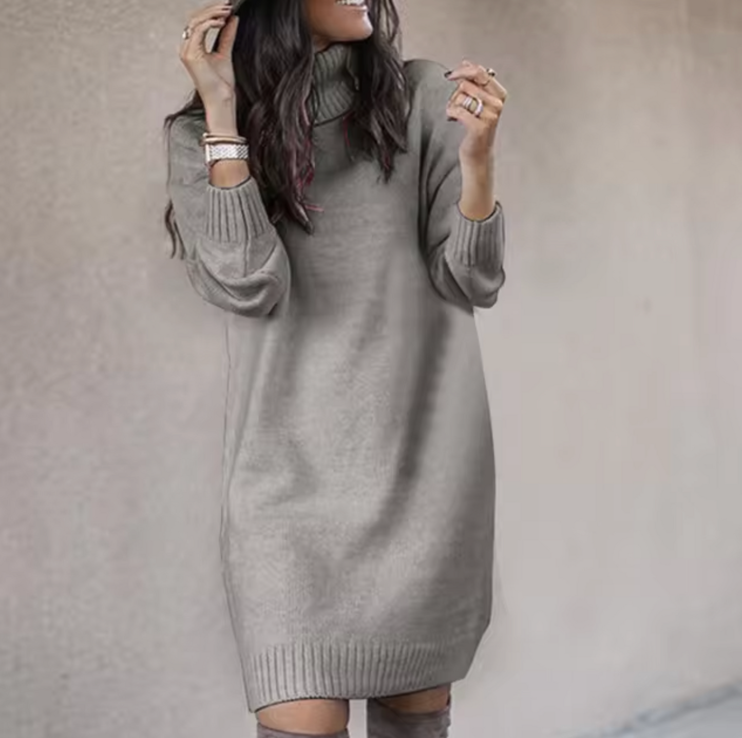 Maja Kobiece Sukienka Pullover | Wysoki Kołnierz, Długi Rękaw 4