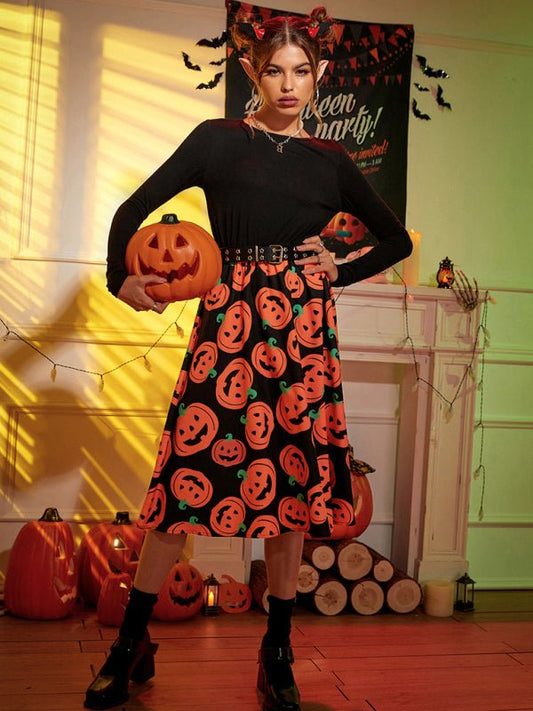 Kura Halloween Midi Kostium Damski | Wesoły Wzór Dyni, Długie Rękawy 0