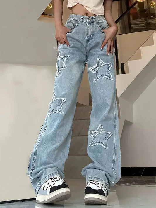 Sternowa Damskie Jeansy z Wysokim Stanem | Baggy, Wyrazisty Wzór Gwiazd 0