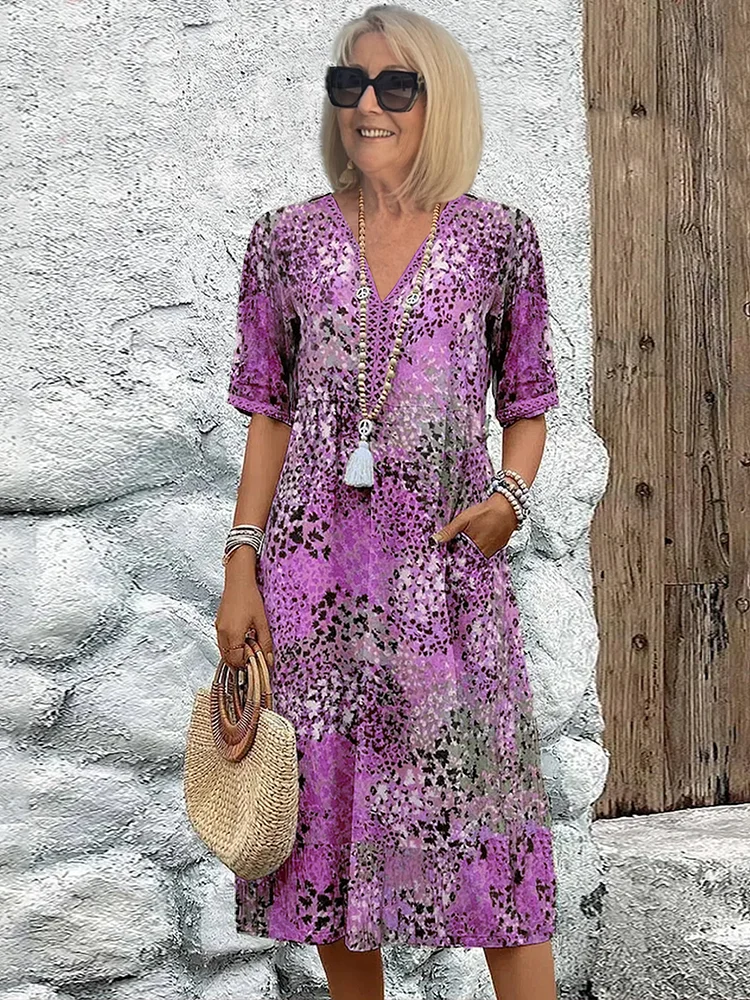 Elegancka Sukienka Midi dla Kobiet Dzianina, V-Dekolt