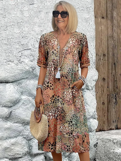 Elegancka Sukienka Midi dla Kobiet Dzianina, V-Dekolt