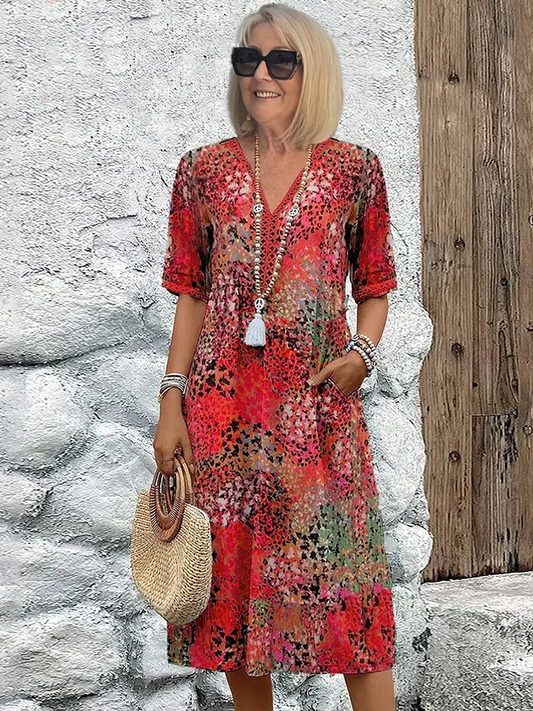 Elegancka Sukienka Midi dla Kobiet Dzianina, V-Dekolt