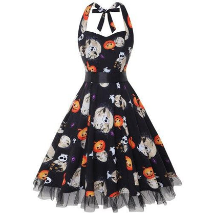 Jasmin Vintage Midi Sukienka na Halloween | Dekolt na Szyi, Pajęczyny i Czaszki 0