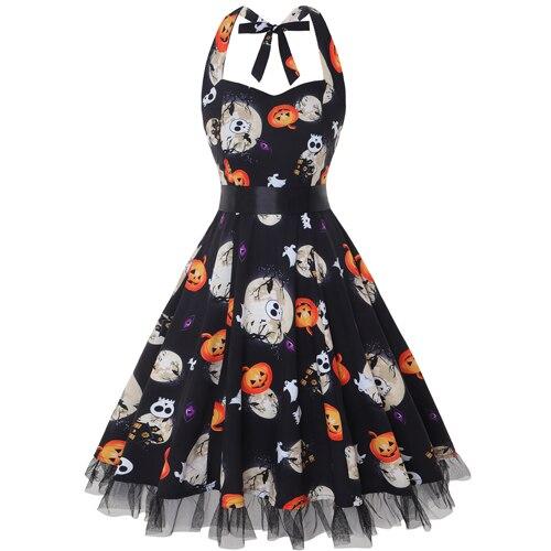 Jasmin Vintage Midi Sukienka na Halloween | Dekolt na Szyi, Pajęczyny i Czaszki 0