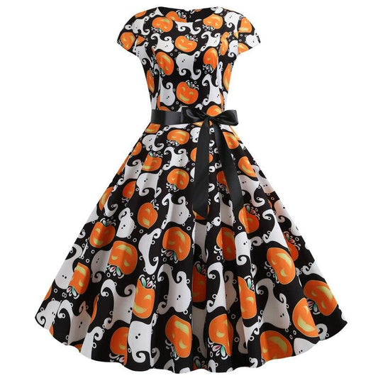 Kiki Women’s Halloween Midi Dress | Pumpkin Print, Casual Style 0